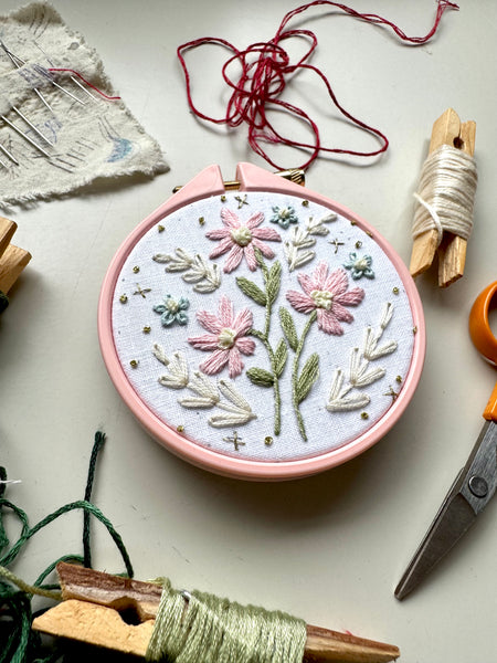 Pink Flowers Embroidery Hoop PDF Pattern