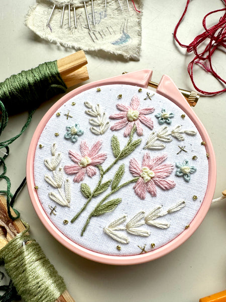 Pink Flowers Embroidery Hoop PDF Pattern