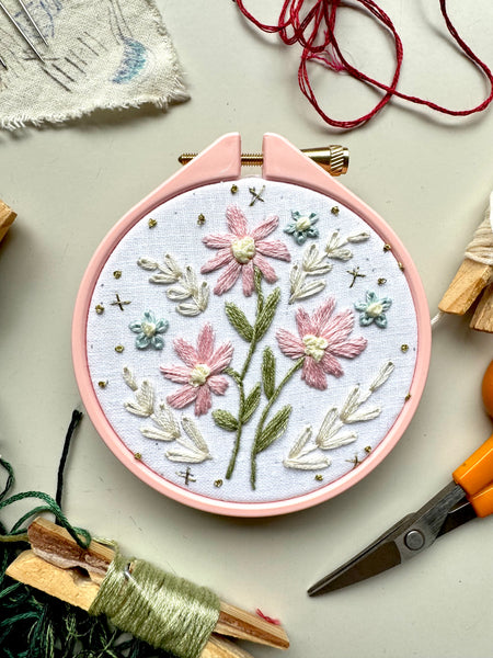 Pink Flowers Embroidery Hoop PDF Pattern