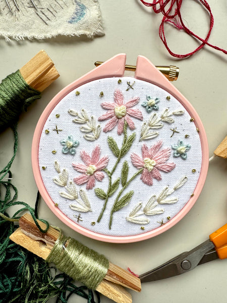 Pink Flowers Embroidery Hoop PDF Pattern