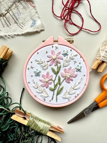 Pink Flowers Embroidery Hoop PDF Pattern