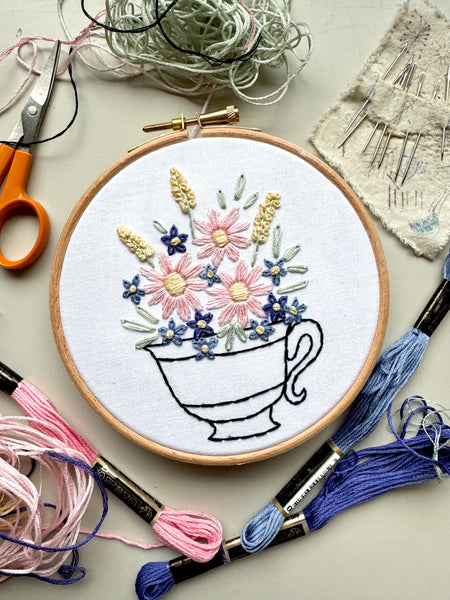Floral Teacup Embroidery Hoop PDF Pattern 5 inch