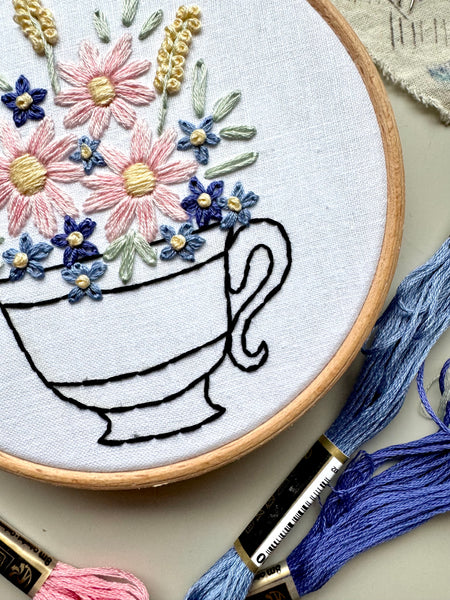 Floral Teacup Embroidery Hoop PDF Pattern 5 inch