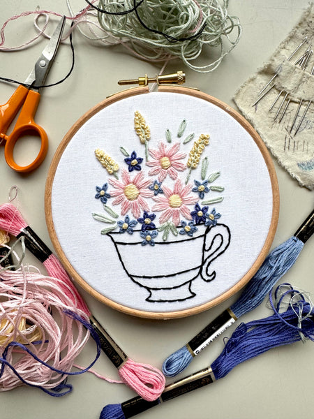 Floral Teacup Embroidery Hoop PDF Pattern 5 inch