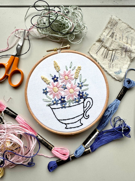 Floral Teacup Embroidery Hoop PDF Pattern 5 inch