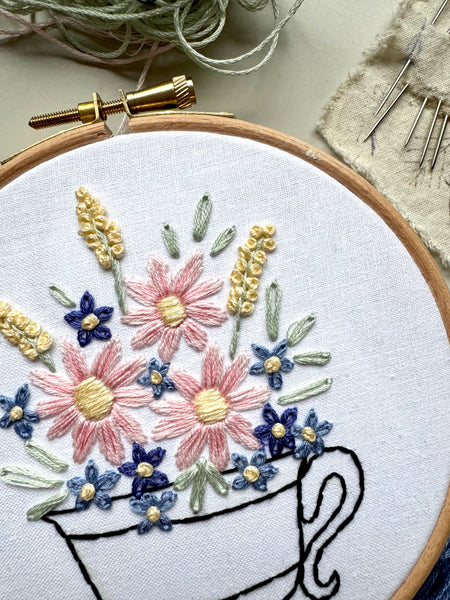 Floral Teacup Embroidery Hoop PDF Pattern 5 inch