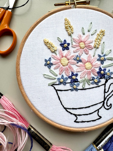 Floral Teacup Embroidery Hoop PDF Pattern 5 inch